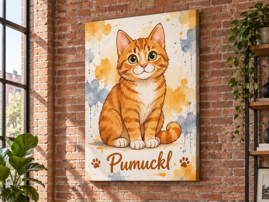 Wandbild auf Leinwand mit rot getigerter Katze im Cartoon-Stil und Namen Pumuckl an der Wohnzimmerwand