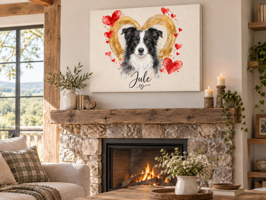 Querformat Wandbild eines Border Collies im Herzensbild Stil vor goldenem Herz mit dem Namen Jule über einem Kamin