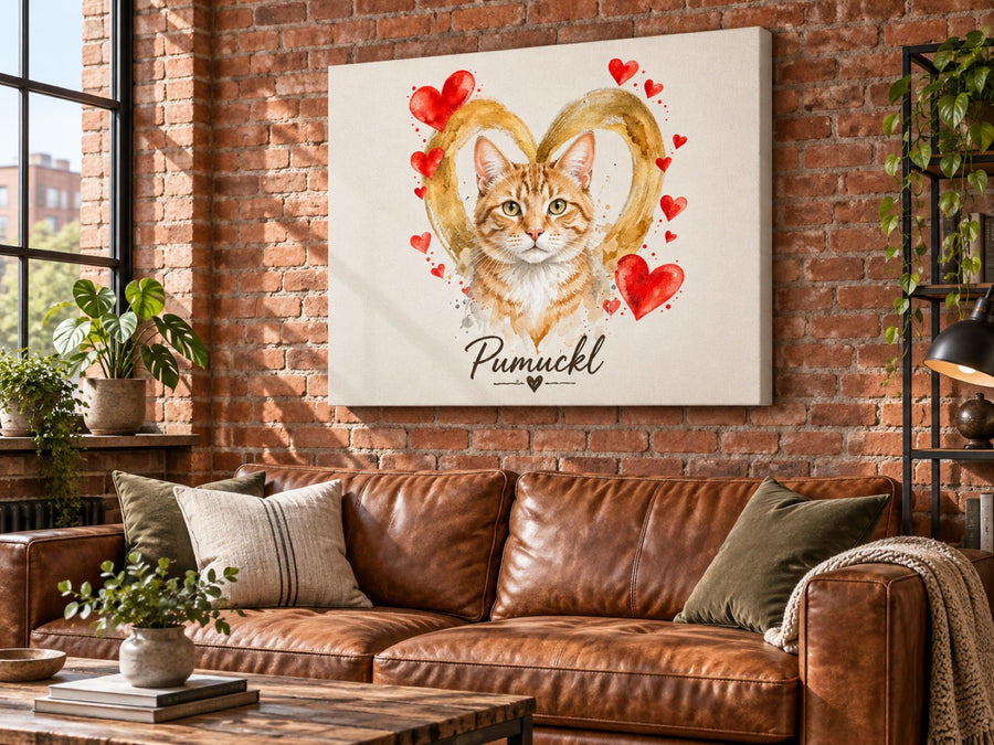 Querformat Wandbild eines roten Katers im Herzensbild Stil vor goldenem Herz mit dem Namen Pumuckl über Ledersofa