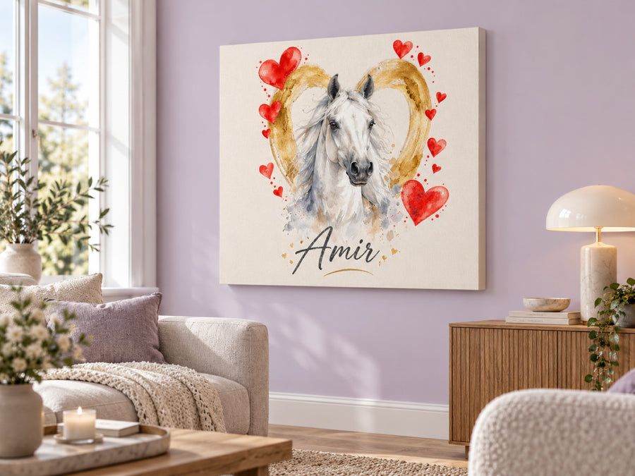 Querformat Wandbild eines weißen Arabers im Herzensbild Stil vor goldenem Herz mit dem Namen Amir an Fliederwand