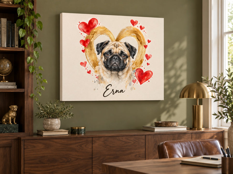 Querformat Wandbild eines Mopses im Herzensbild Stil vor goldenem Herz mit dem Namen Erna über einem Sideboard
