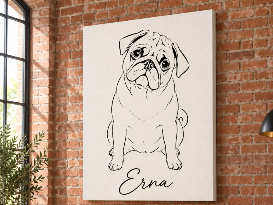 Wandbild auf Leinwand mit Mops als Minimal-Linienzeichnung und Namen Erna im Wohnzimmer