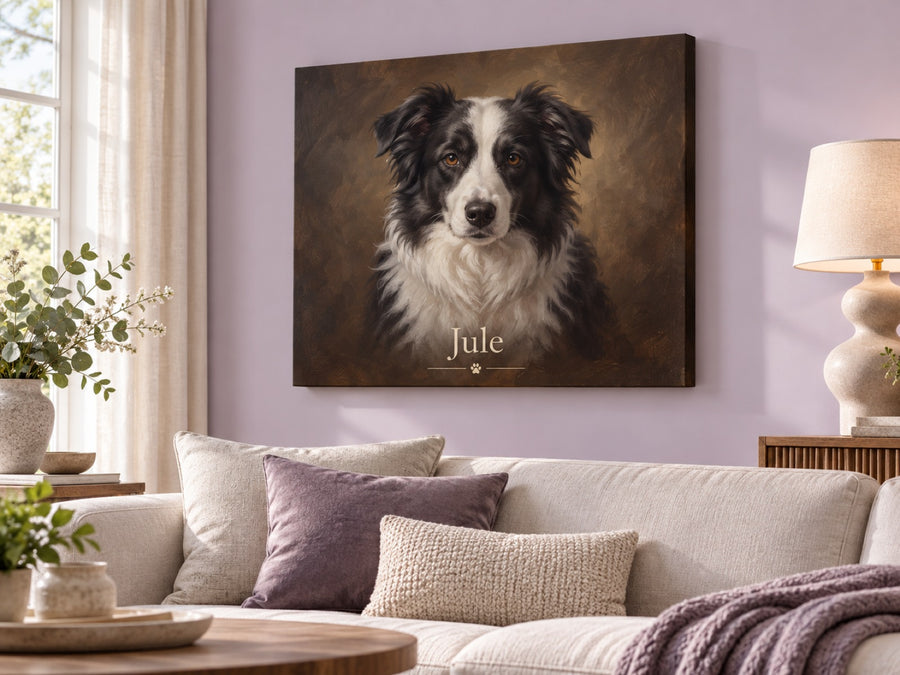 Querformat Wandbild eines Border Collies als dunkles klassisches Ölgemälde mit dem Namen Jule über einem Sofa