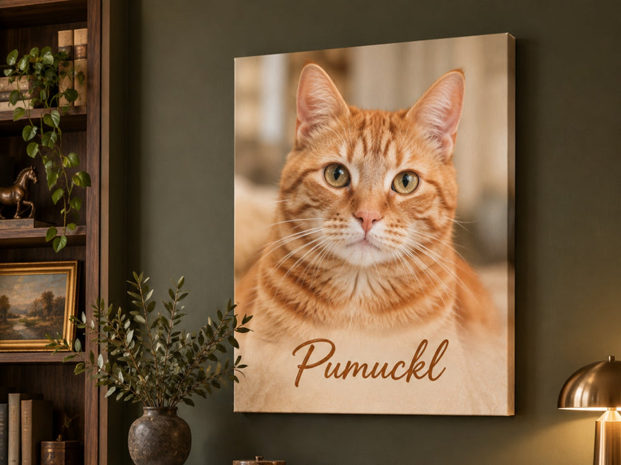 Wandbild auf Leinwand mit rot getigerter Katze als Originalfoto ohne Stilfilter und Namen Pumuckl im Wohnzimmer