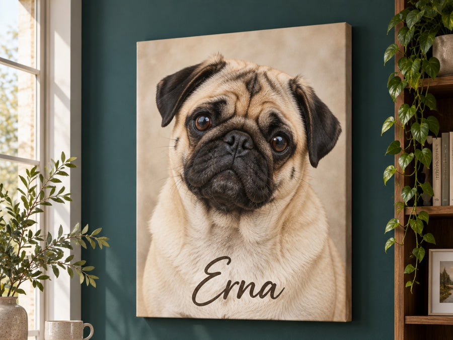 Wandbild auf Leinwand mit Mops als Originalfoto ohne Stilfilter und Namen Erna im Wohnzimmer