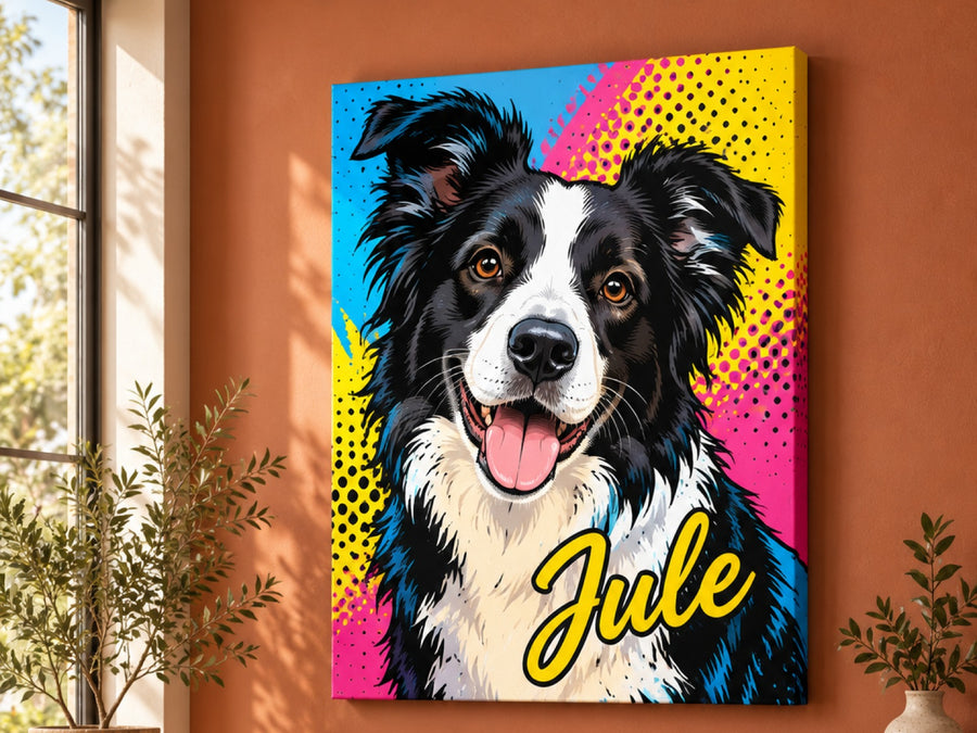 Wandbild auf Leinwand mit Border Collie im Pop-Art-Stil und Namen Jule an der Wohnzimmerwand