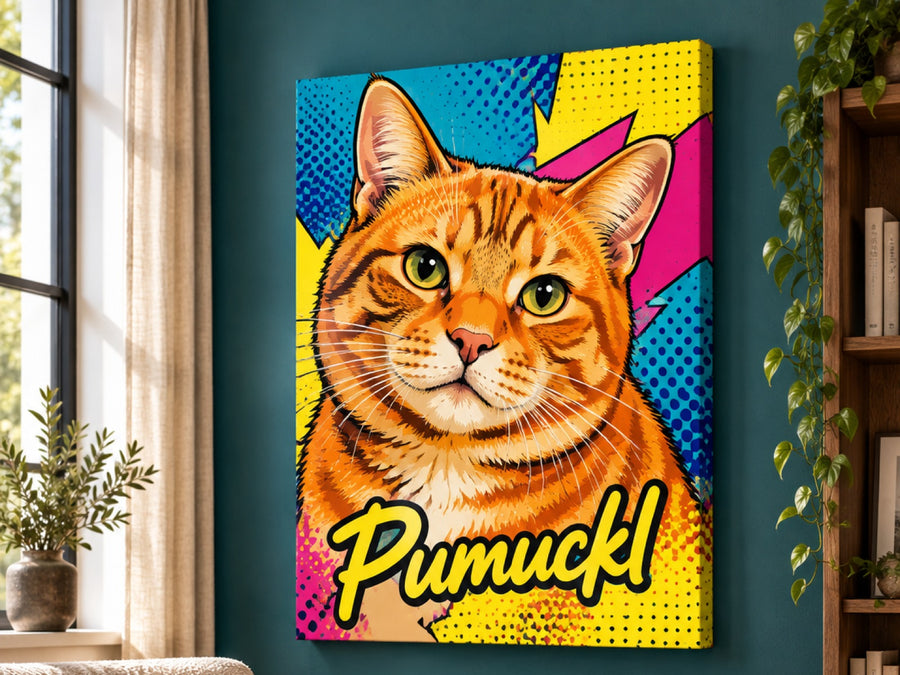 Wandbild auf Leinwand mit rot getigerter Katze im Pop-Art-Stil und Namen Pumuckl im Wohnzimmer