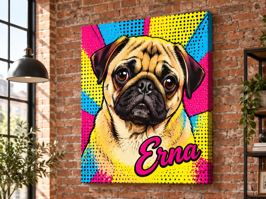Wandbild auf Leinwand mit Mops im Pop-Art-Stil und Namen Erna im Wohnzimmer