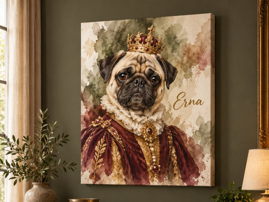 Wandbild auf Leinwand mit Mops im Royal-Stil mit Krone und Namen Erna im Wohnzimmer