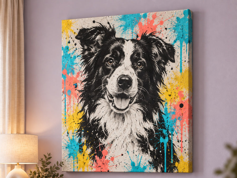 Wandbild auf Leinwand mit Border Collie im Street-Art-Stil im Wohnzimmer