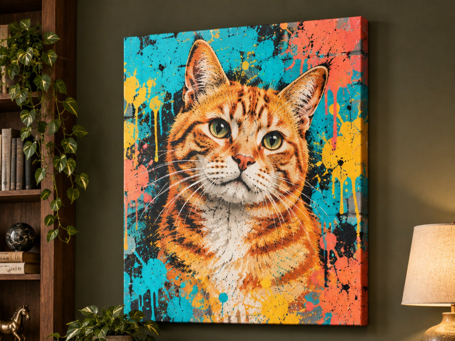 Wandbild auf Leinwand mit rot getigerter Katze im Street-Art-Stil an der Wohnzimmerwand