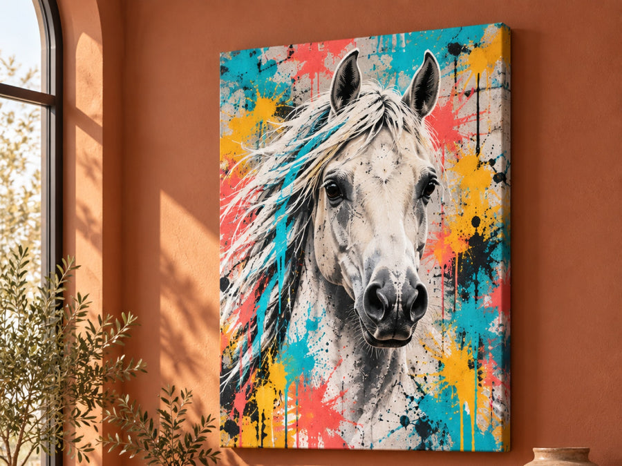Wandbild auf Leinwand mit weißem Araber im Street-Art-Stil im Wohnzimmer
