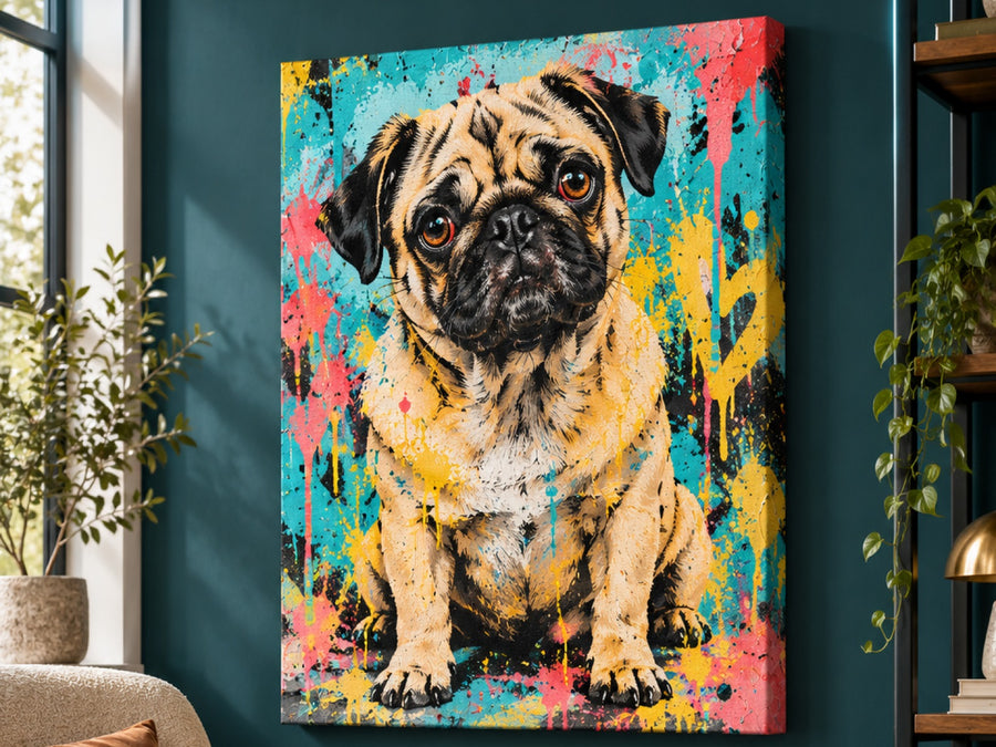 Wandbild auf Leinwand mit Mops im Street-Art-Stil an der Wohnzimmerwand