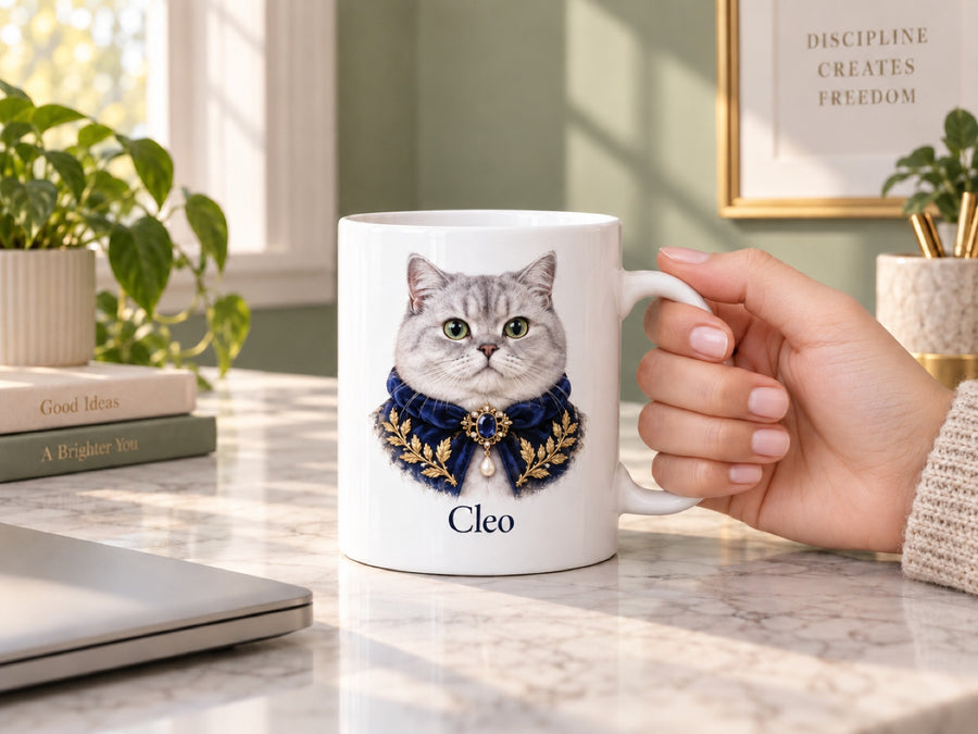 Katzentasse im Royal-Stil mit Namen Cleo in der Hand