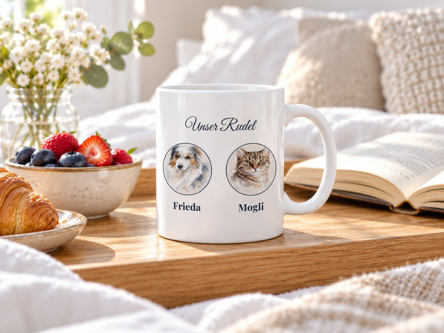 Rudeltasse „Unser Rudel“ mit Hund Frieda und Katze Mogli