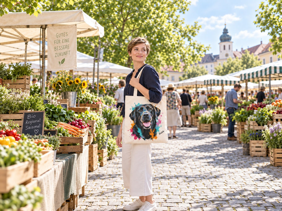 Stofftasche mit Labrador im Street-Art-Stil auf dem Wochenmarkt