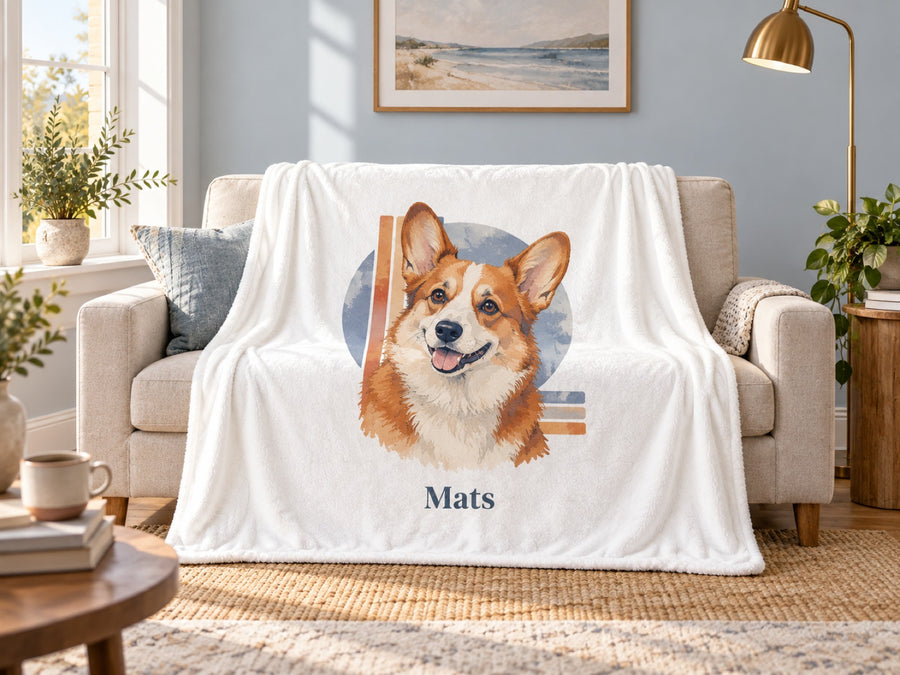 Kuscheldecke mit Corgi im Retro-Stil und Namen Mats auf dem Sessel