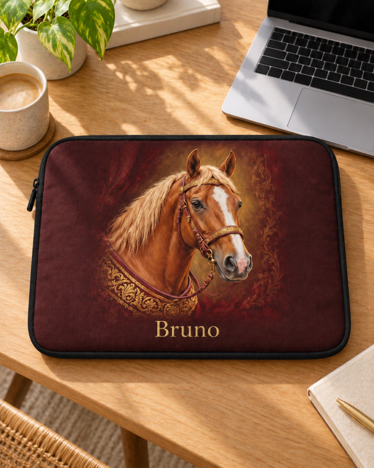Laptophülle mit Haflinger Bruno im Royal Stil auf dem Schreibtisch