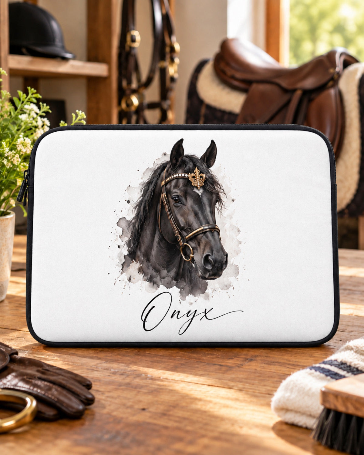 Laptophülle mit Rappe Onyx im Royal Stil in der Sattelkammer