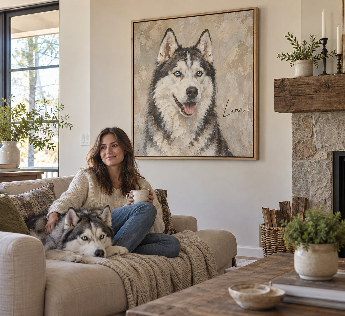 Dog portrait on framed canvas in a living room, Husky named Luna