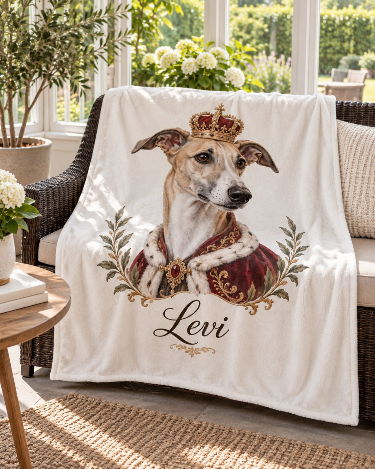 Kuscheldecke mit Windhund im Royal-Stil und Namen Levi auf einem hellen Wintergarten auf dunkler Rattanbank im Sommer