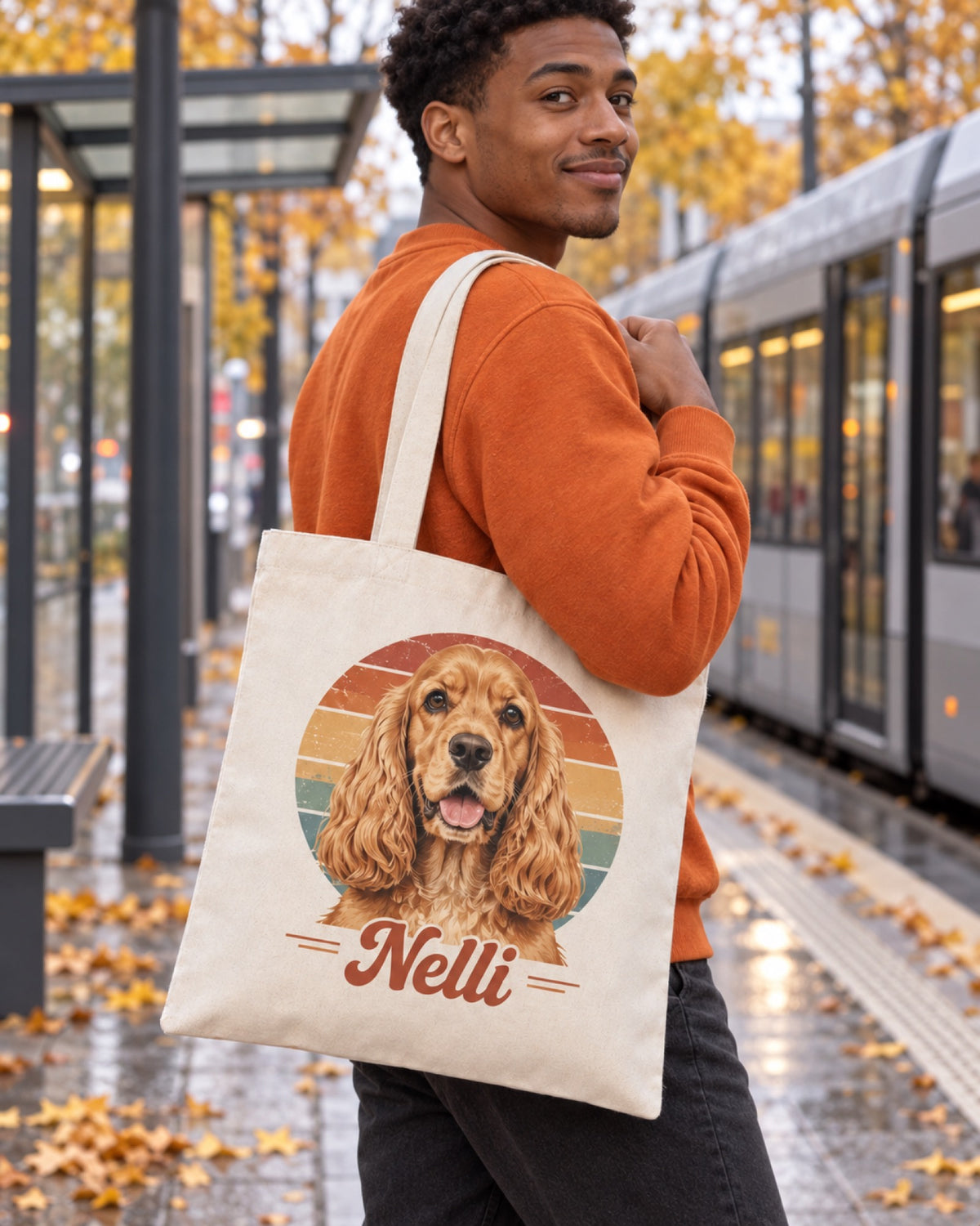 Naturfarbene Baumwolltasche mit Cocker Spaniel im Retro Stil und Namen Nelli auf der Schulter eines jungen Mannes mit dunkler Haut und orangefarbenem Pullover an einer grauen Straßenbahnhaltestelle im Herbst