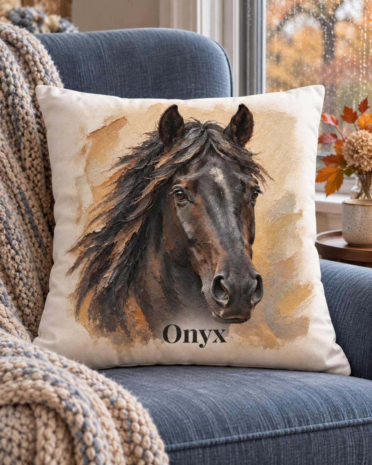 Kissen mit Rappe im Ölgemälde-Stil und Namen Onyx auf einem blauen Sessel im Herbst