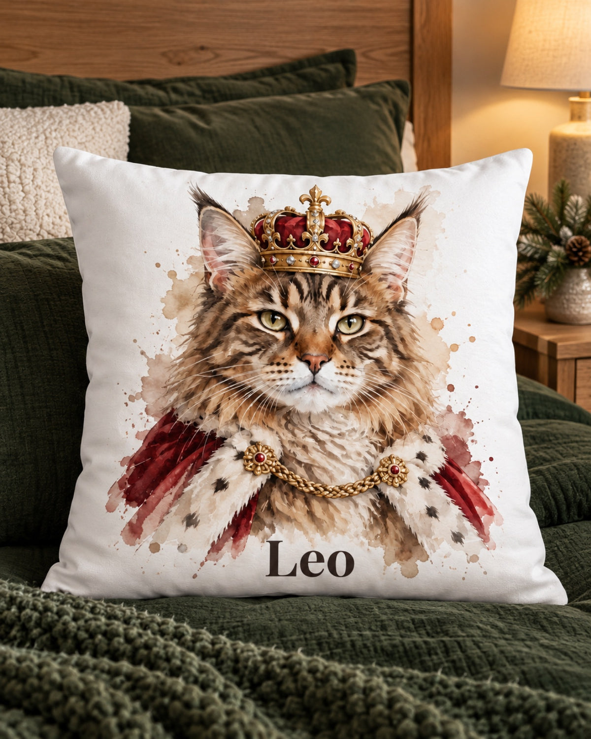 Kissen mit Maine Coon im Royal-Stil mit Krone und Namen Leo auf einem dunkelgrünen Bett im Winter