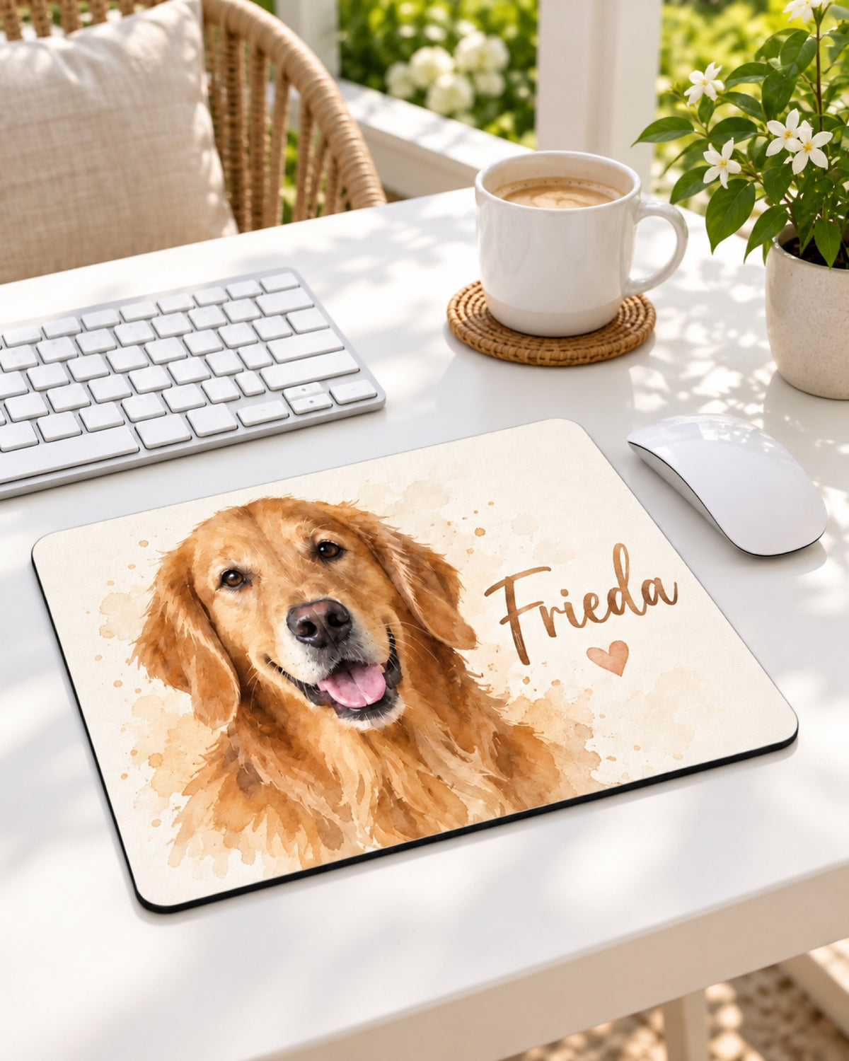 Mauspad 22 × 18 cm mit Golden Retriever im Aquarell Stil und Namen Frieda auf einem weißen Tisch auf einer überdachten Gartenveranda bei Sommerlicht