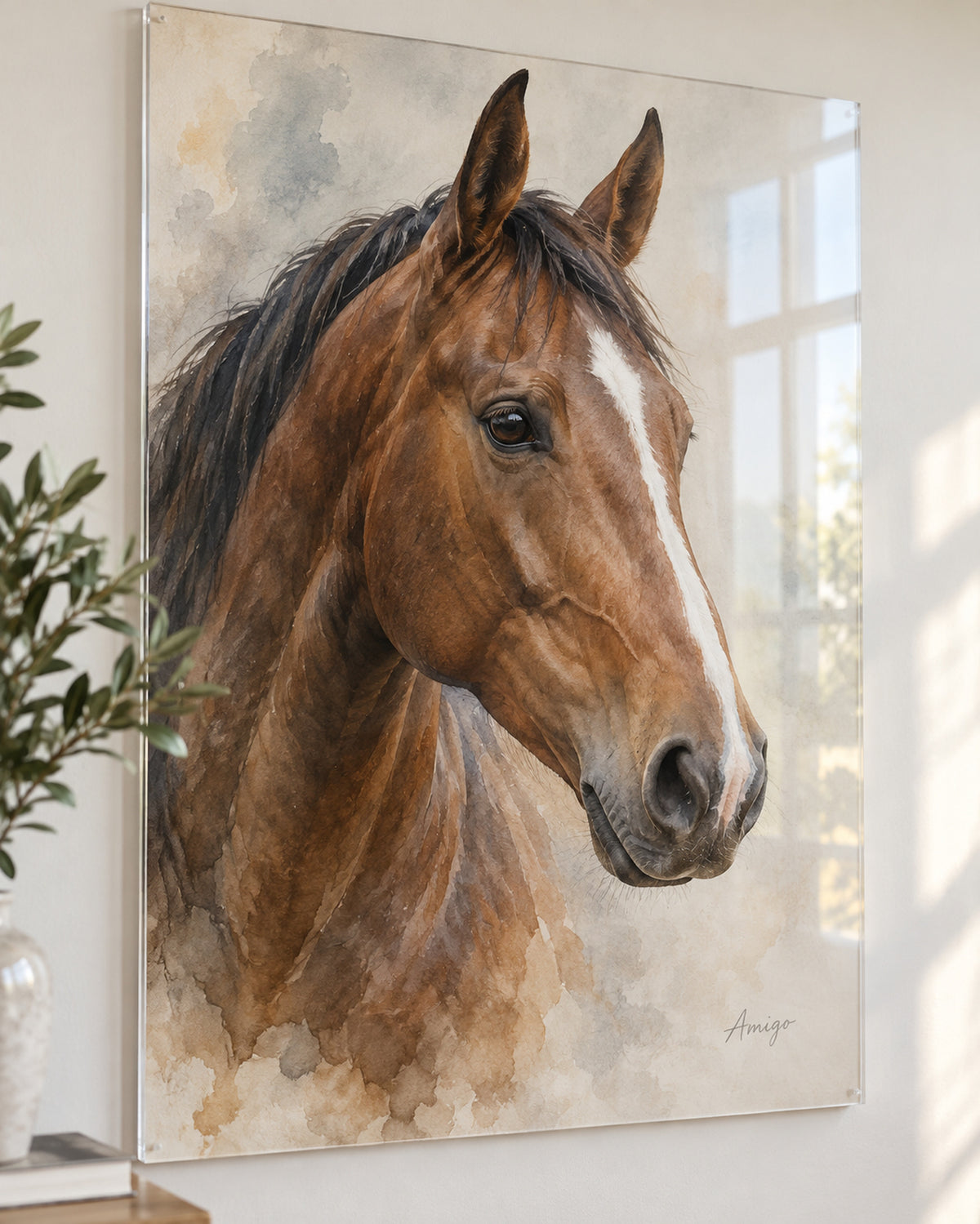 Horse portrait on acrylic glass: bay Warmblood named Amigo