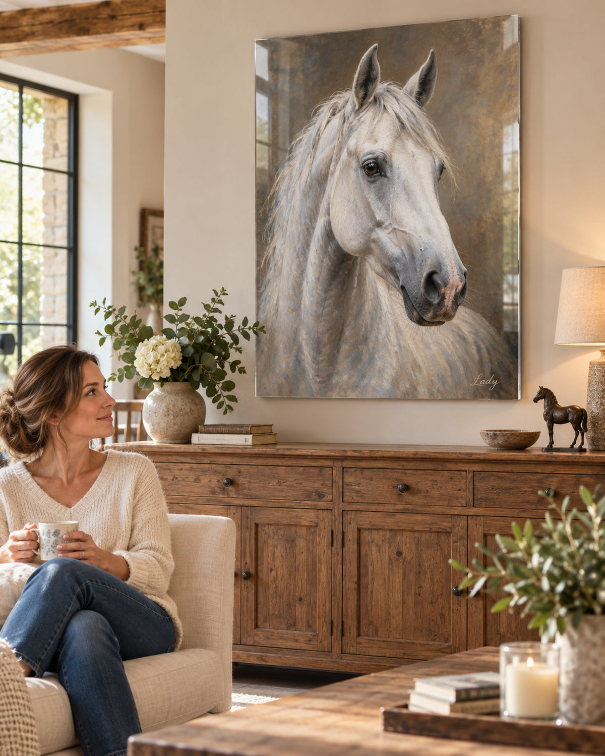 Horse portrait on acrylic glass in a living room, gray horse named Lady