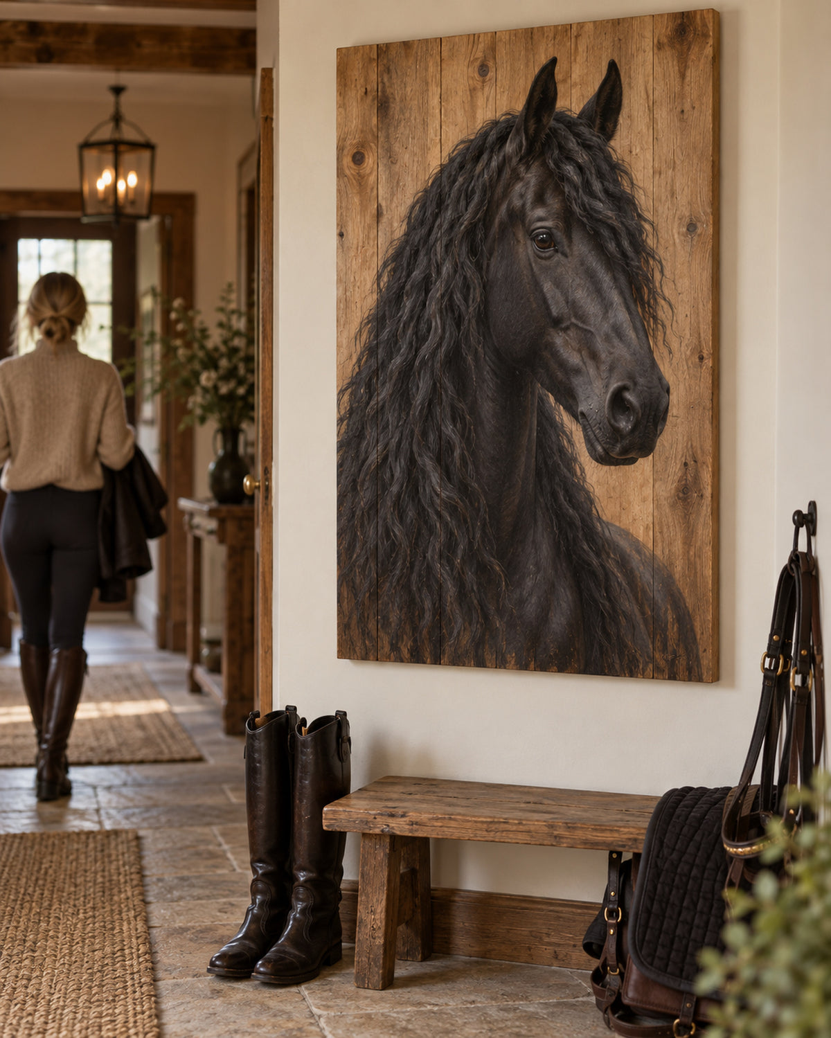 Horse portrait on wood in a living room, Friesian named Blacky