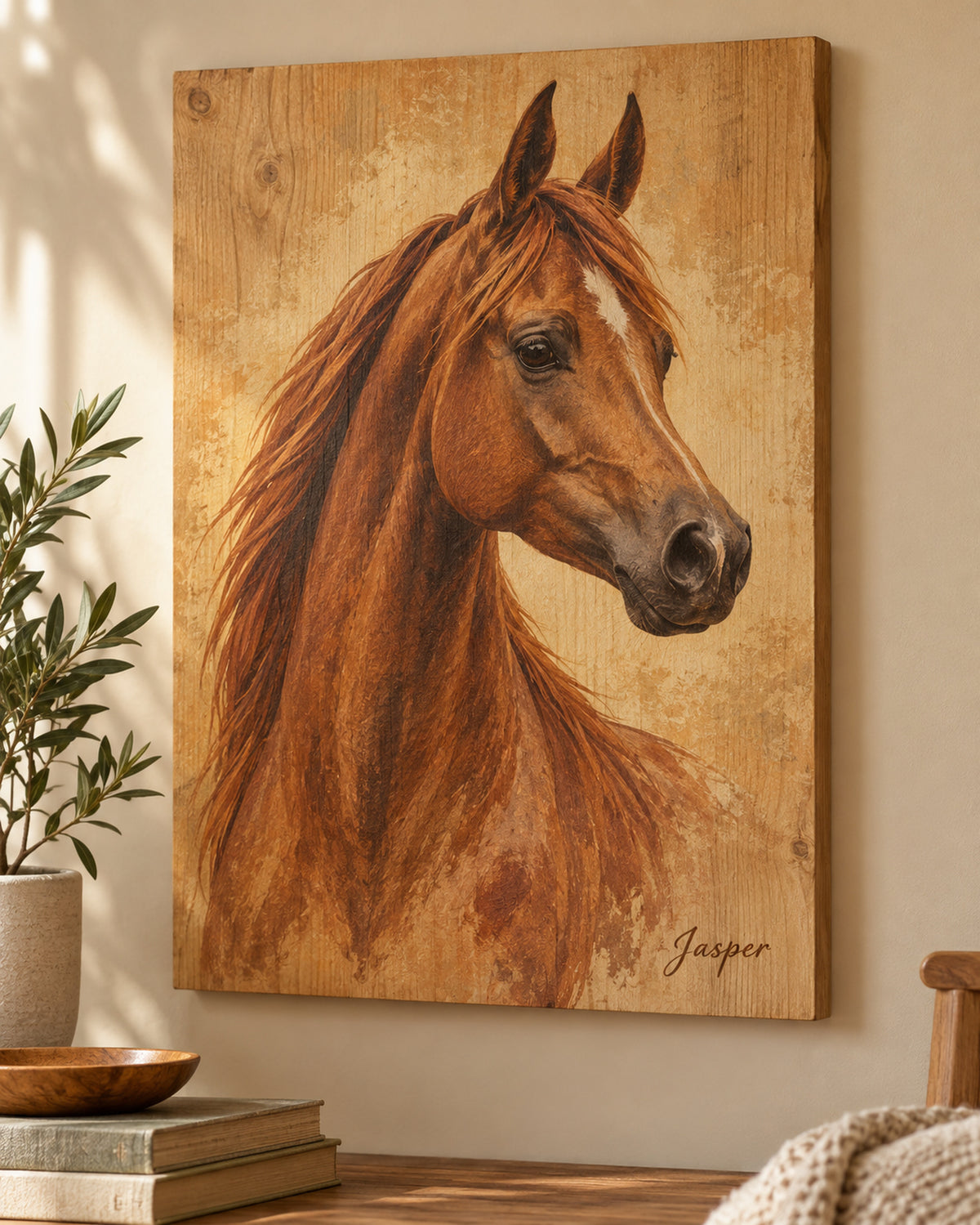 Horse portrait on wood, example: Arabian named Jasper