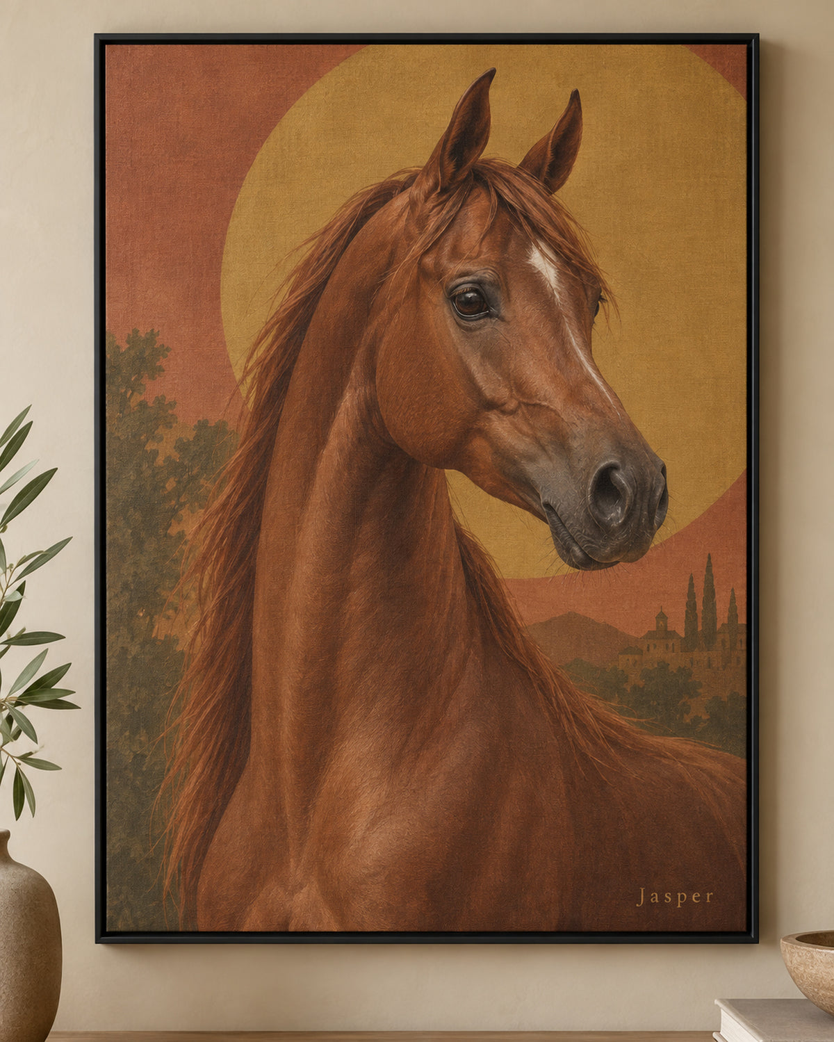 Horse portrait on framed canvas, example: Arabian named Jasper