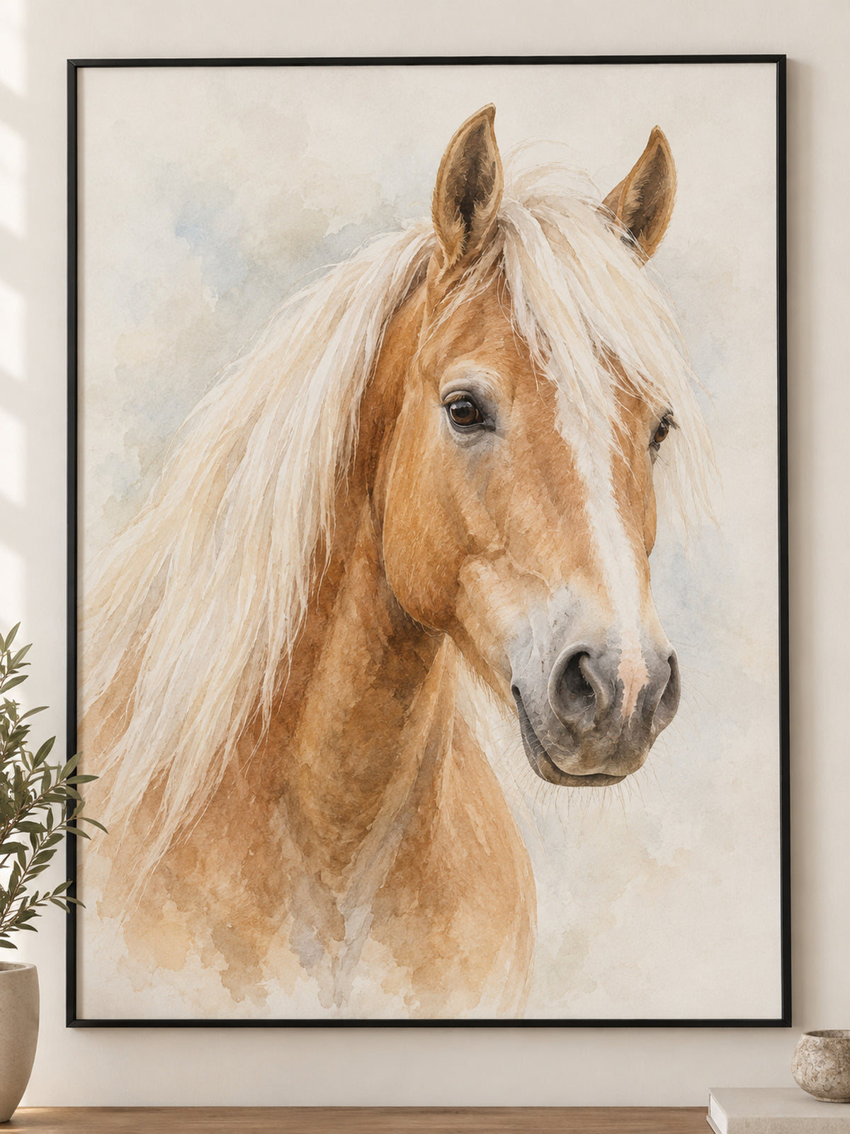 Horse portrait in a metal frame: Haflinger
