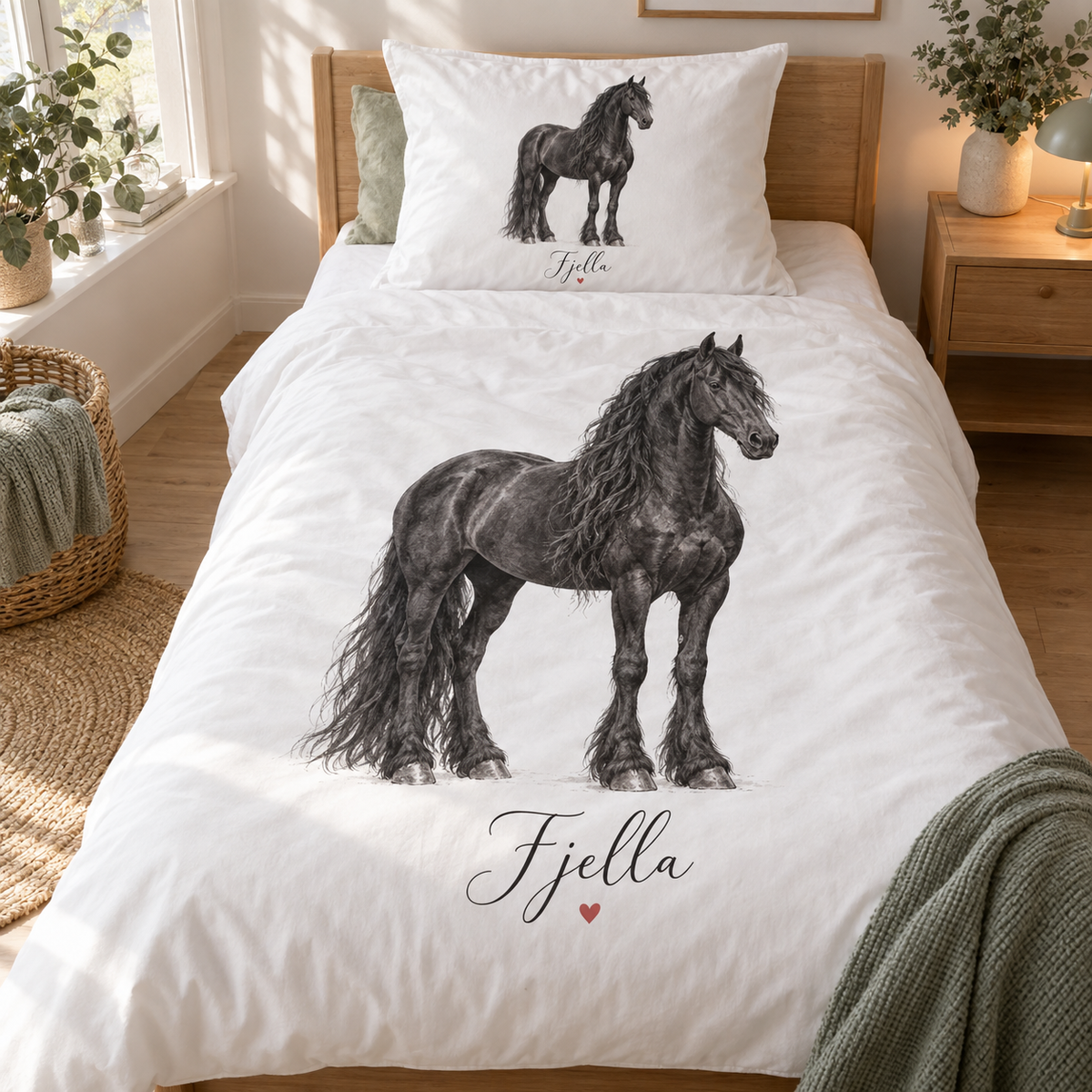 Pferde-Bettwäsche-Set mit Friese Fjella, Name und Herz auf beiden weißen Bezügen – Gestaltungsbeispiel