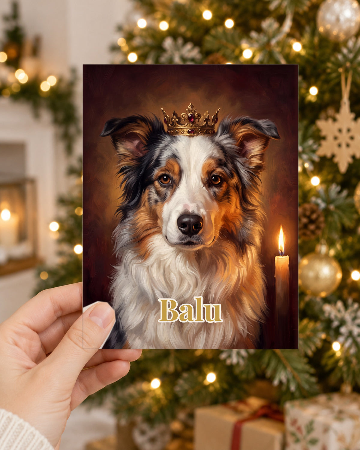 Postkarte mit deinem Hund im Royal-Stil mit Namen Balu in der Hand