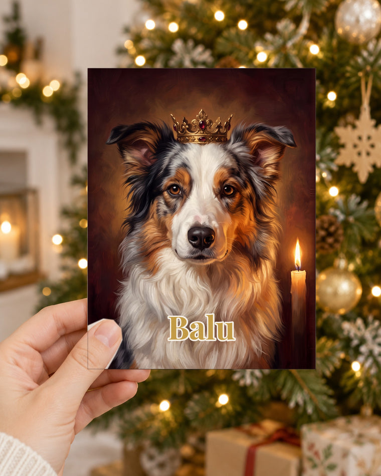 Postkarte mit deinem Hund im Royal-Stil mit Namen Balu in der Hand