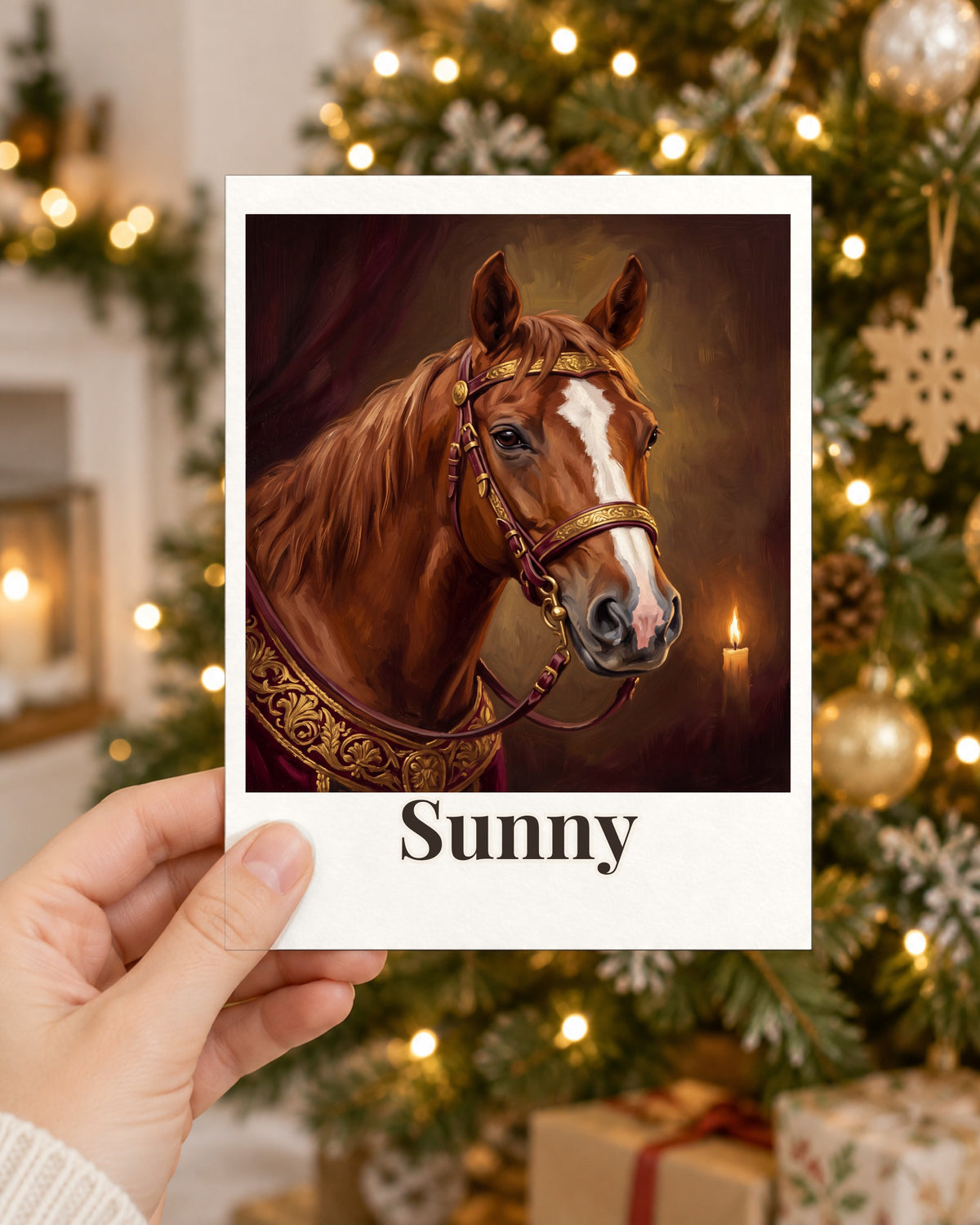 Postkarte mit deinem Pferd im Royal-Stil mit Namen Sunny in der Hand