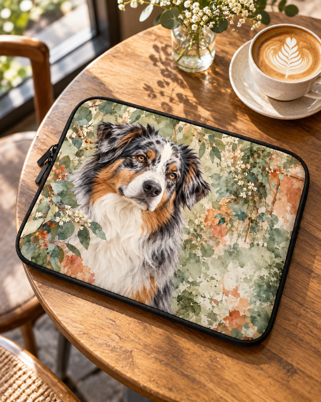 Randlose Laptophülle mit Hund Australian Shepherd im Aquarellstil im Café