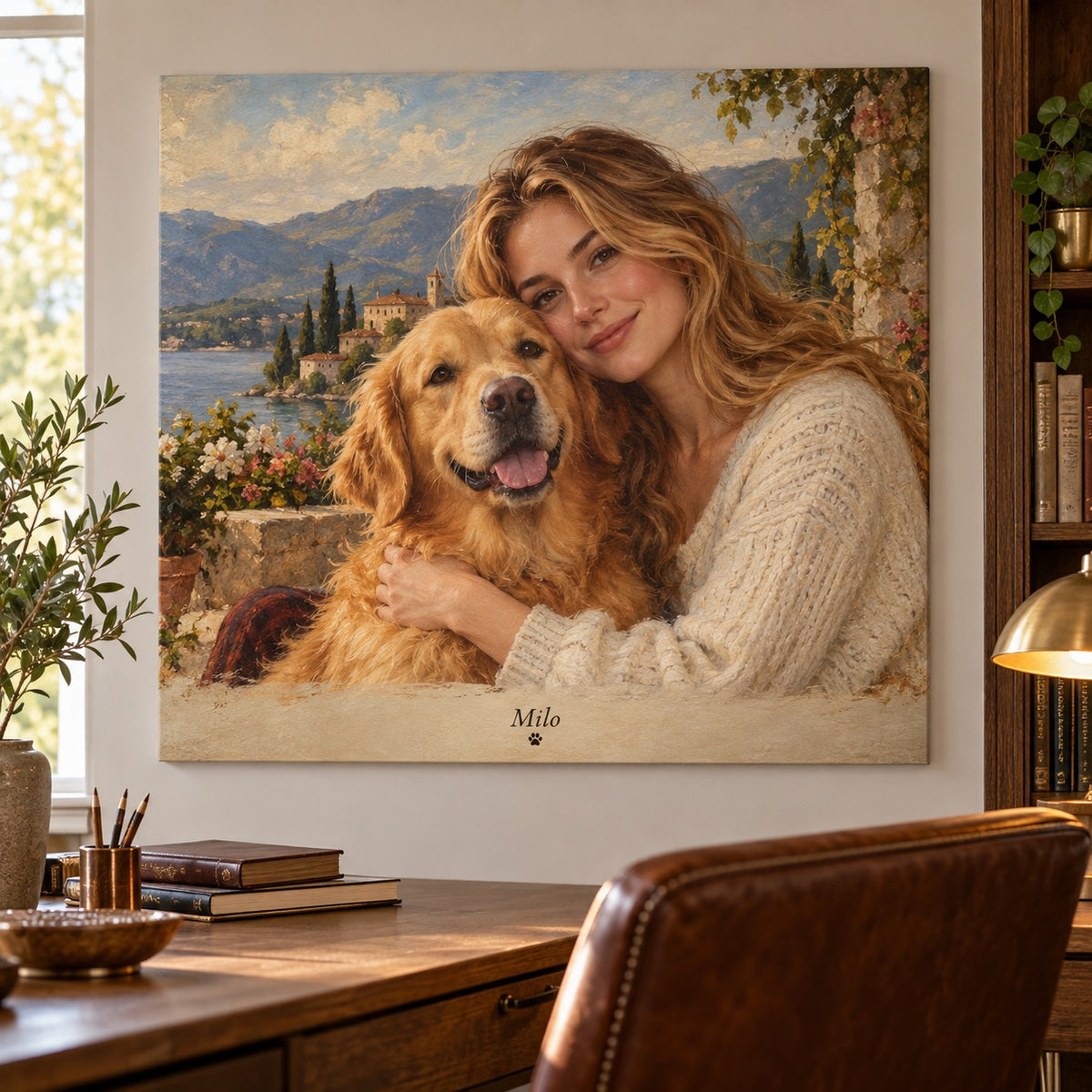 Ölgemälde einer Frau mit Golden Retriever im Arbeitszimmer