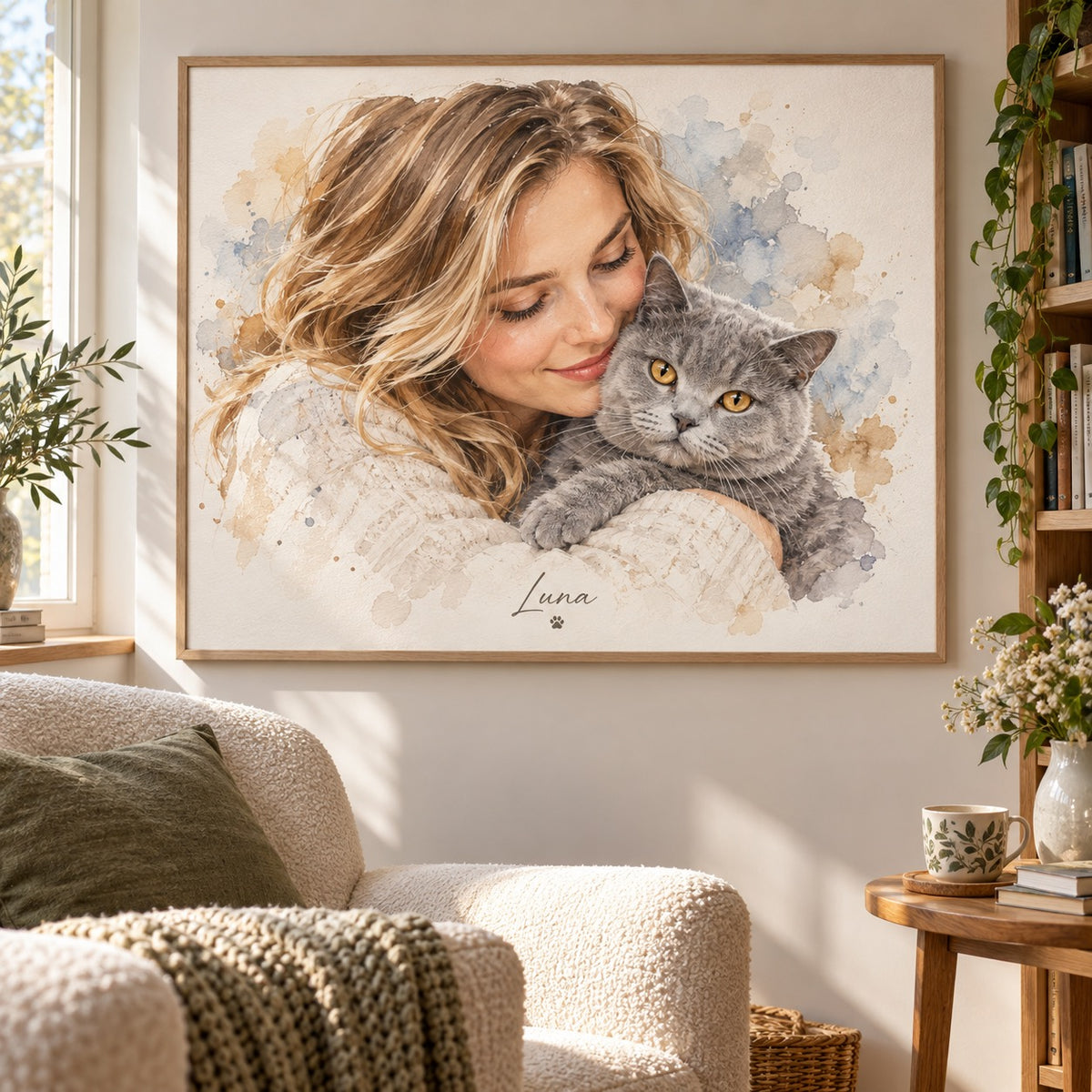 Aquarellportrait einer Frau mit Britisch Kurzhaar Katze in heller Leseecke