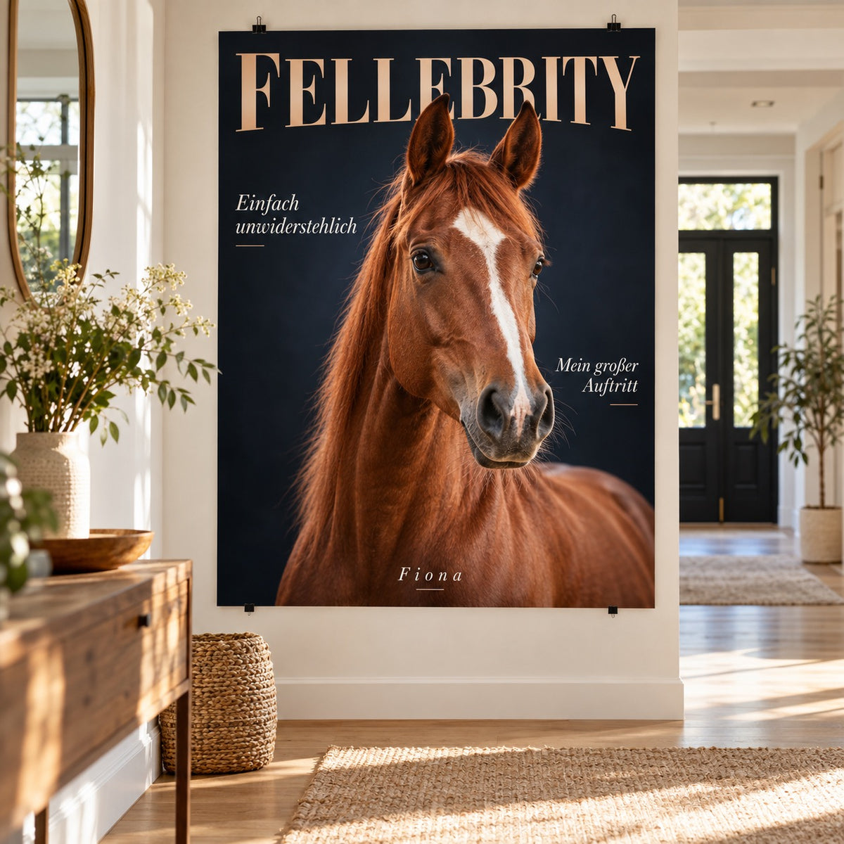 Poster als FELLEBRITY Magazin-Cover mit Hannoveraner Pferd im Flur