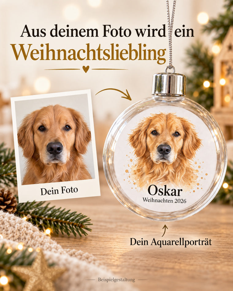 Beispielgestaltung: Aus einem Hundefoto entsteht ein Aquarellporträt auf der Christbaumkugel