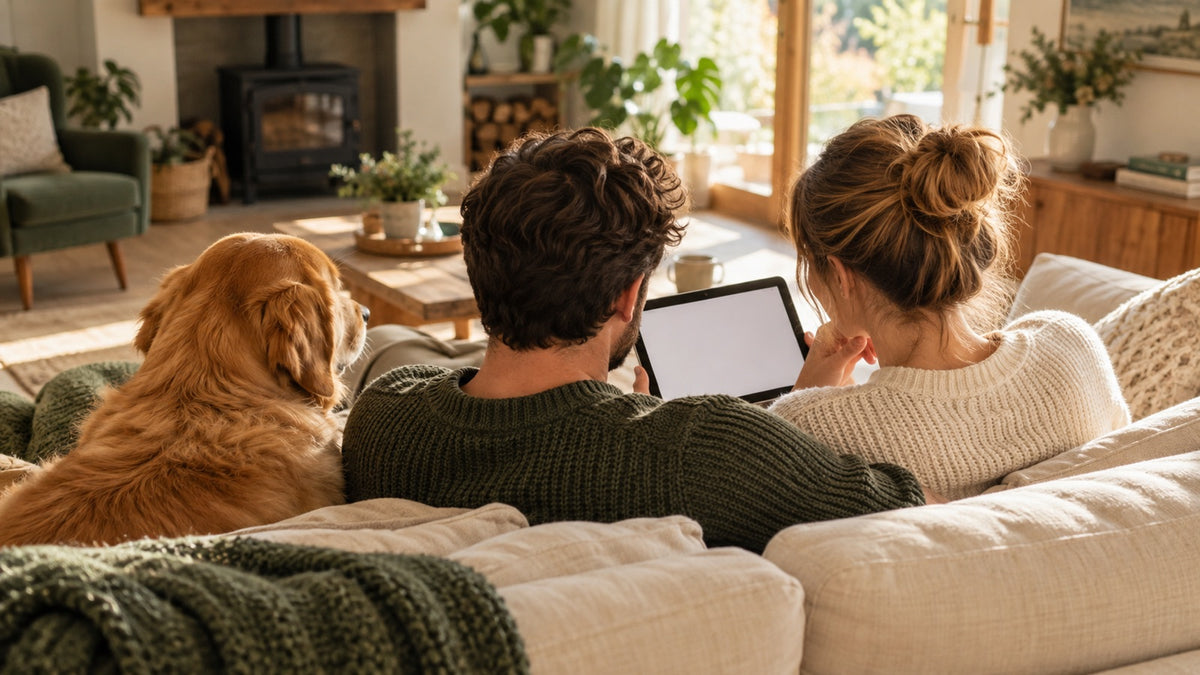 Paar auf dem Sofa schaut mit seinem Golden Retriever auf ein Tablet