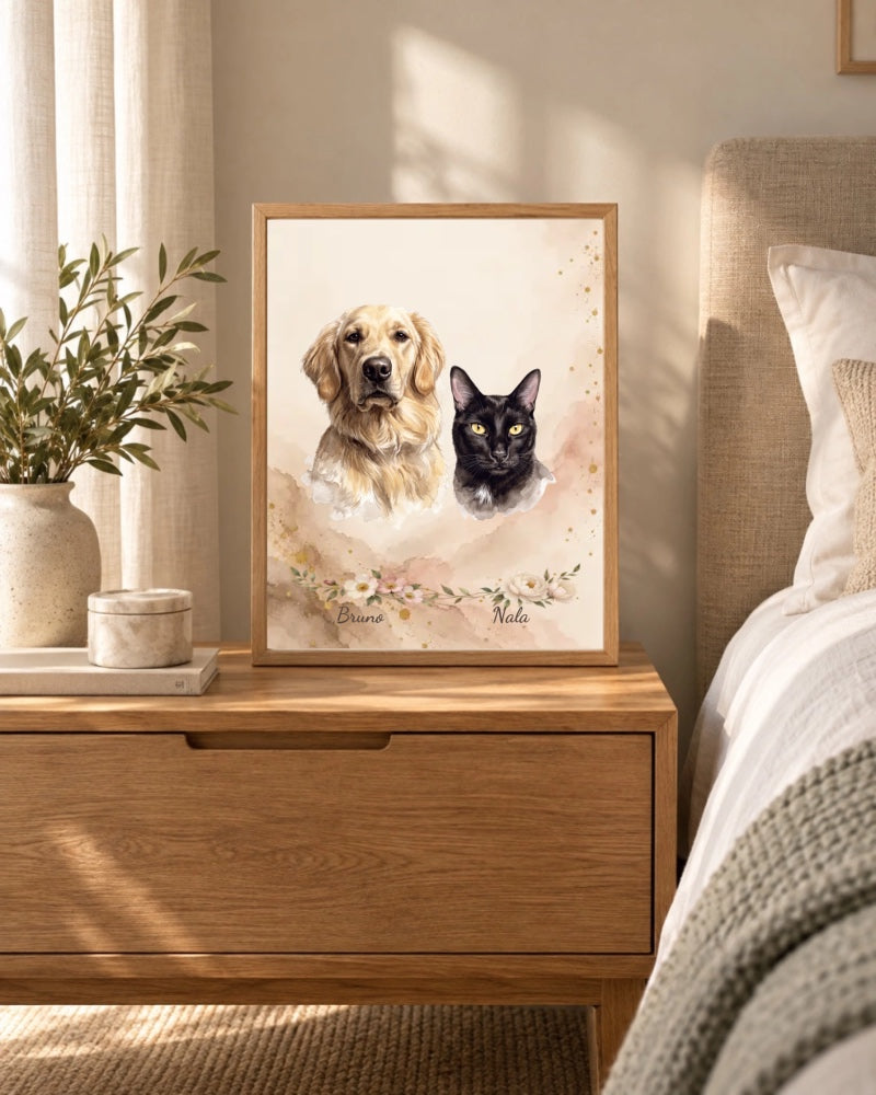 Hund und Katze bruno und nala als personalisiertes Doppelportrait, schlafzimmer