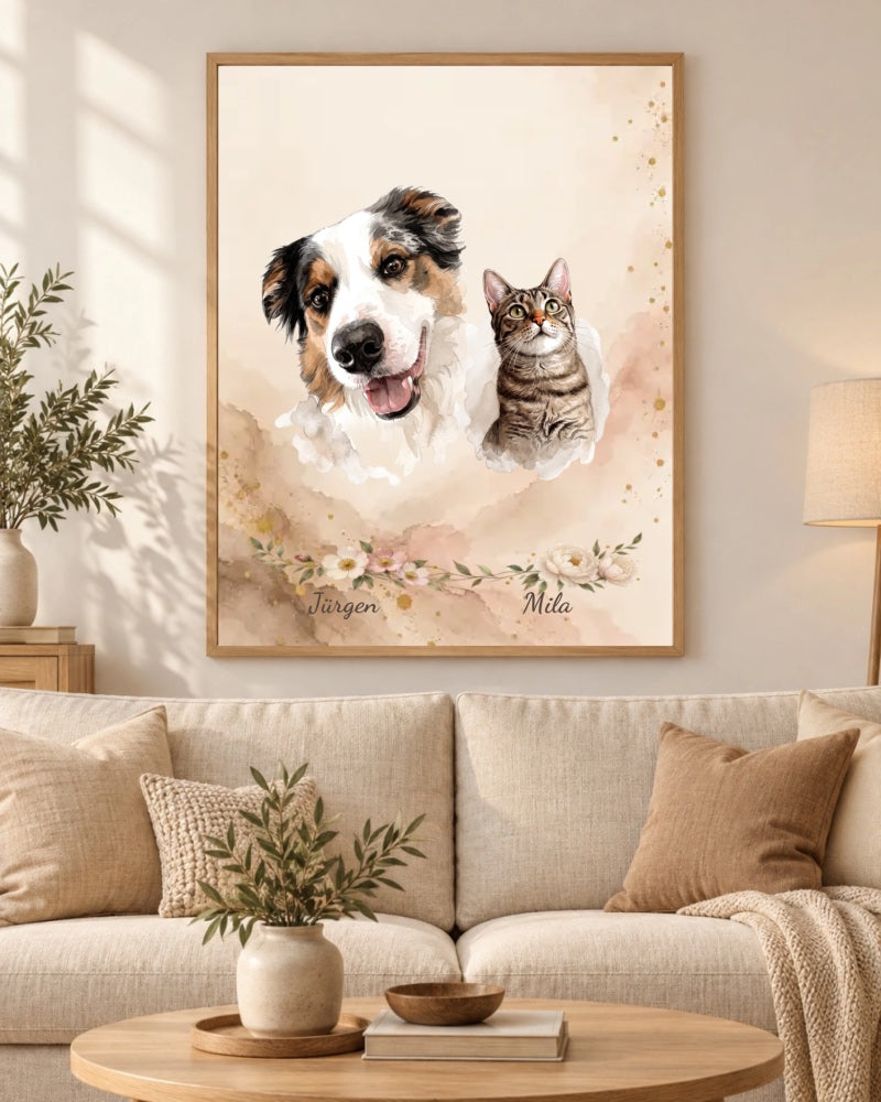 Hund und Katze juergen und mila als personalisiertes Doppelportrait, wohnzimmer