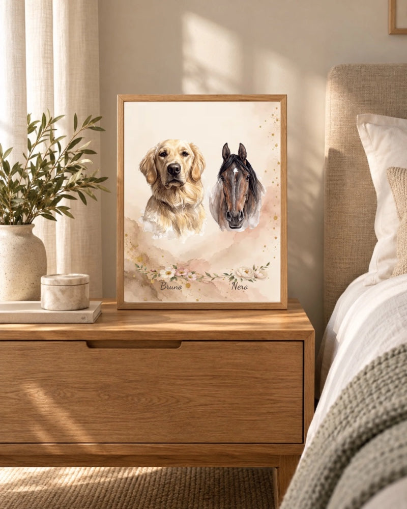 Hund und Pferd bruno und nero als personalisiertes Doppelportrait, schlafzimmer