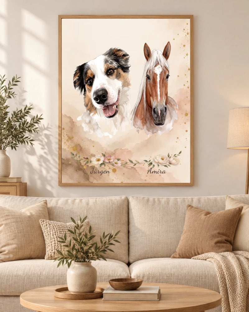 Hund und Pferd juergen und amira als personalisiertes Doppelportrait, wohnzimmer