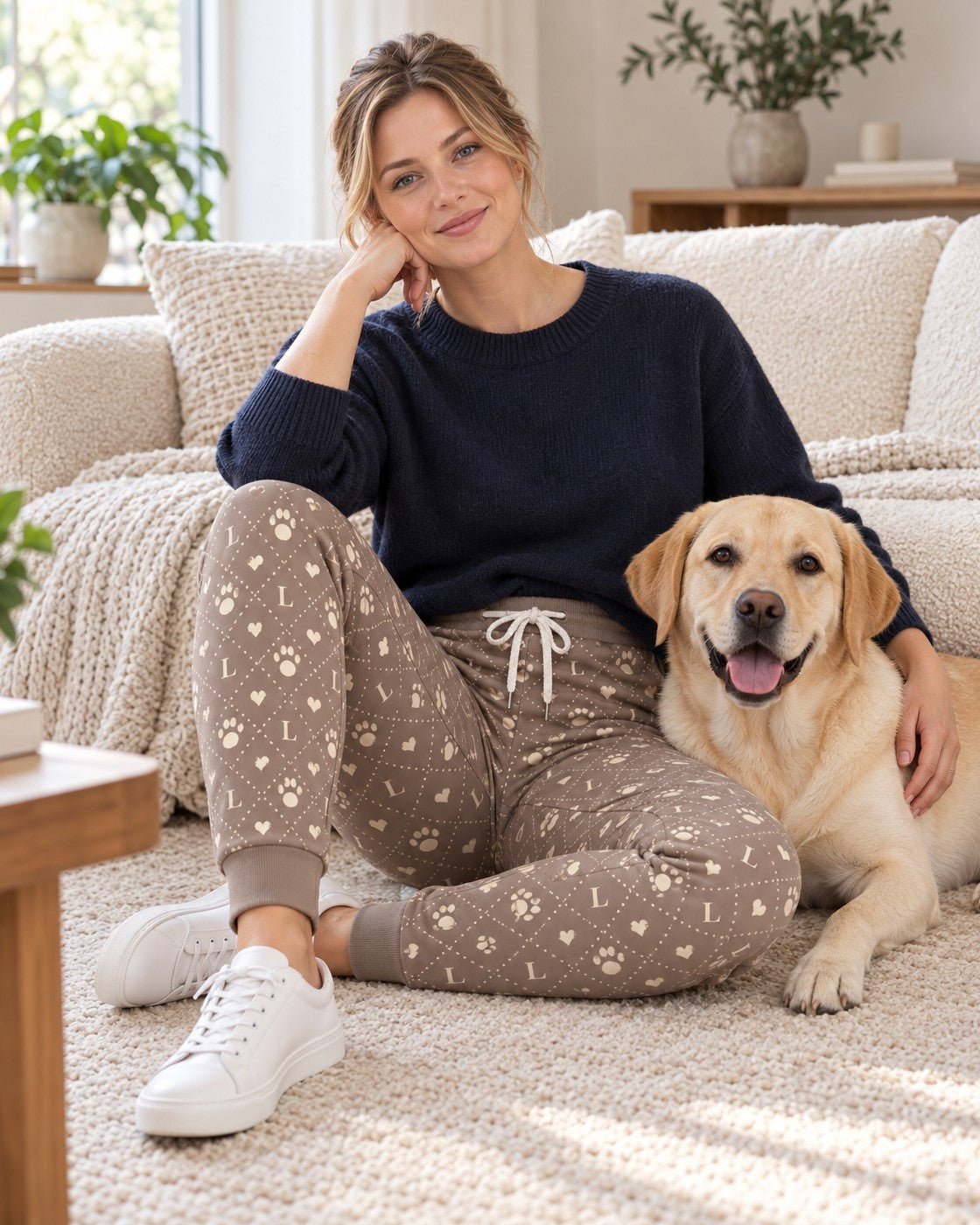 Pantalón de chándal personalizado con monograma y la inicial del perro, puesto en el sofá, perro Luna